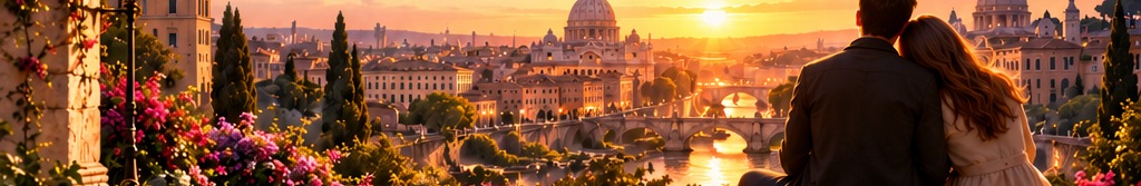 Warm sunset above the city; a couple overlooks the river