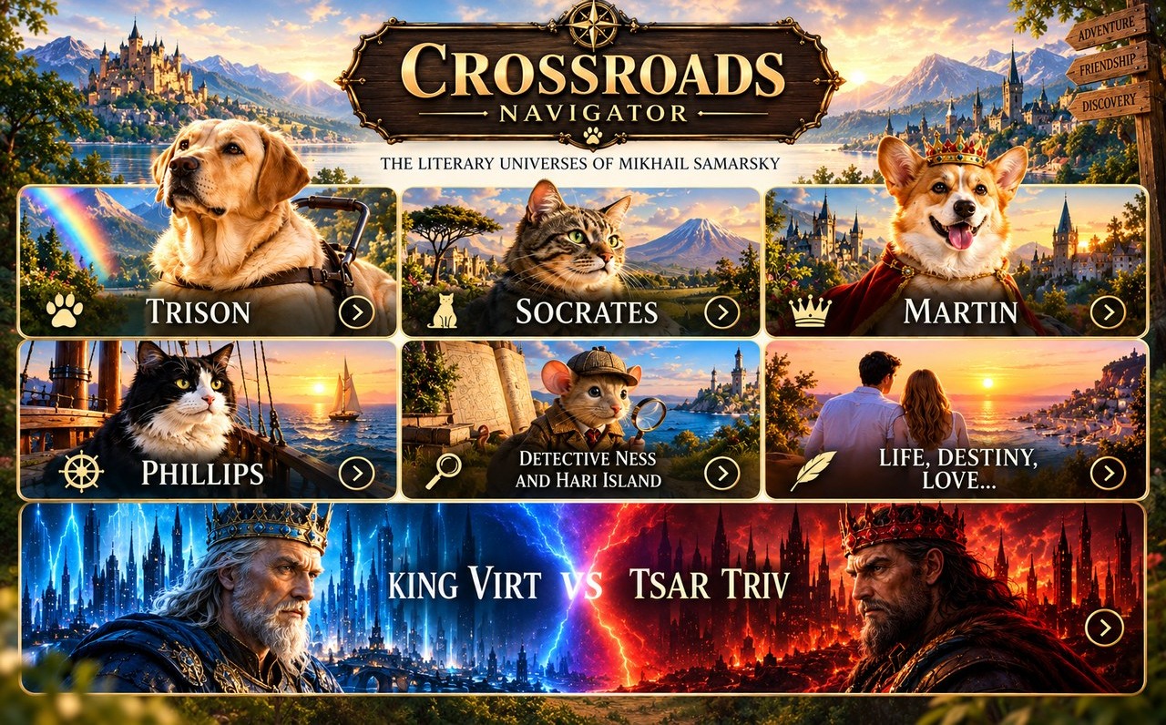 A visual crossroads with the literary worlds of Trison, Socrates, Martin, Phillips, Detective Ness, Life Destiny Love, King Virt and Tsar Triv