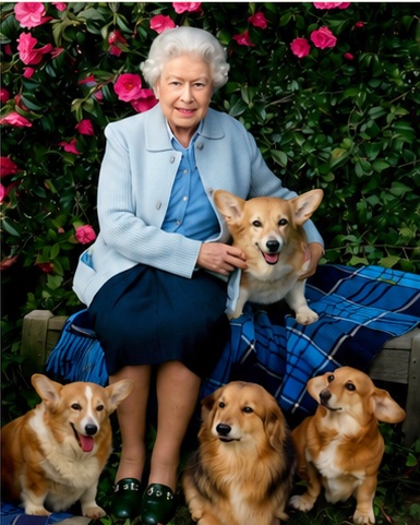 Queen Elizabeth II seated with her corgis in a garden