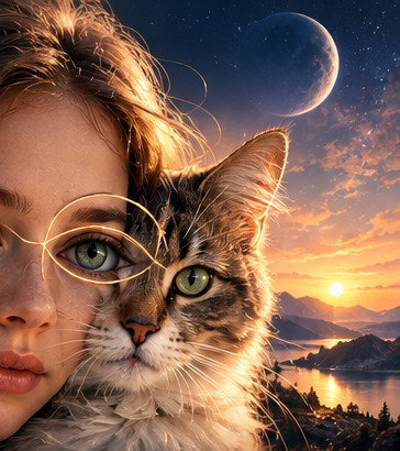 少女、猫与星空交织的哲思意象